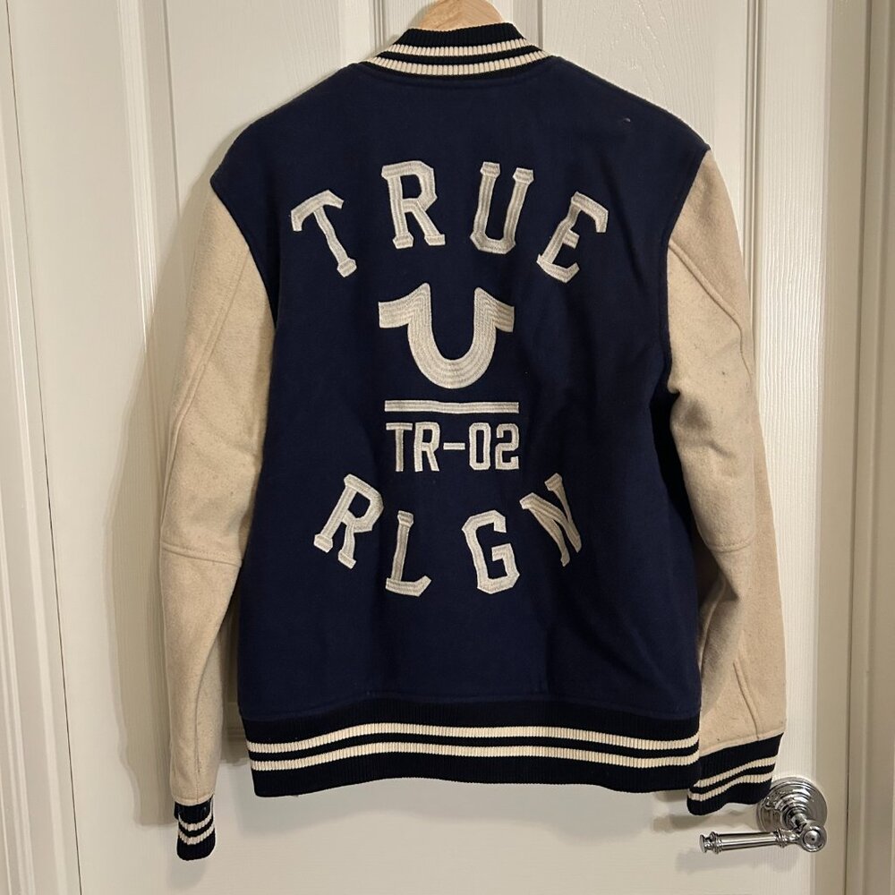True Religion Varsity Letterman Jacket Wool Blend Snap Front Y2K Streetwear - Picture 6 of 12